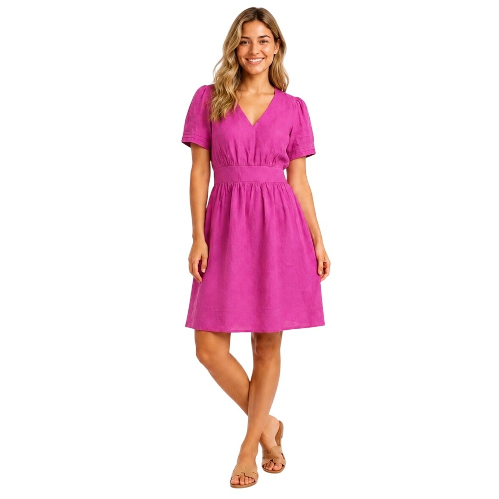 NWOT Boden Pink Linen V-Neck Fit and Flare Dress US 12R Puff Sleeve Pockets
